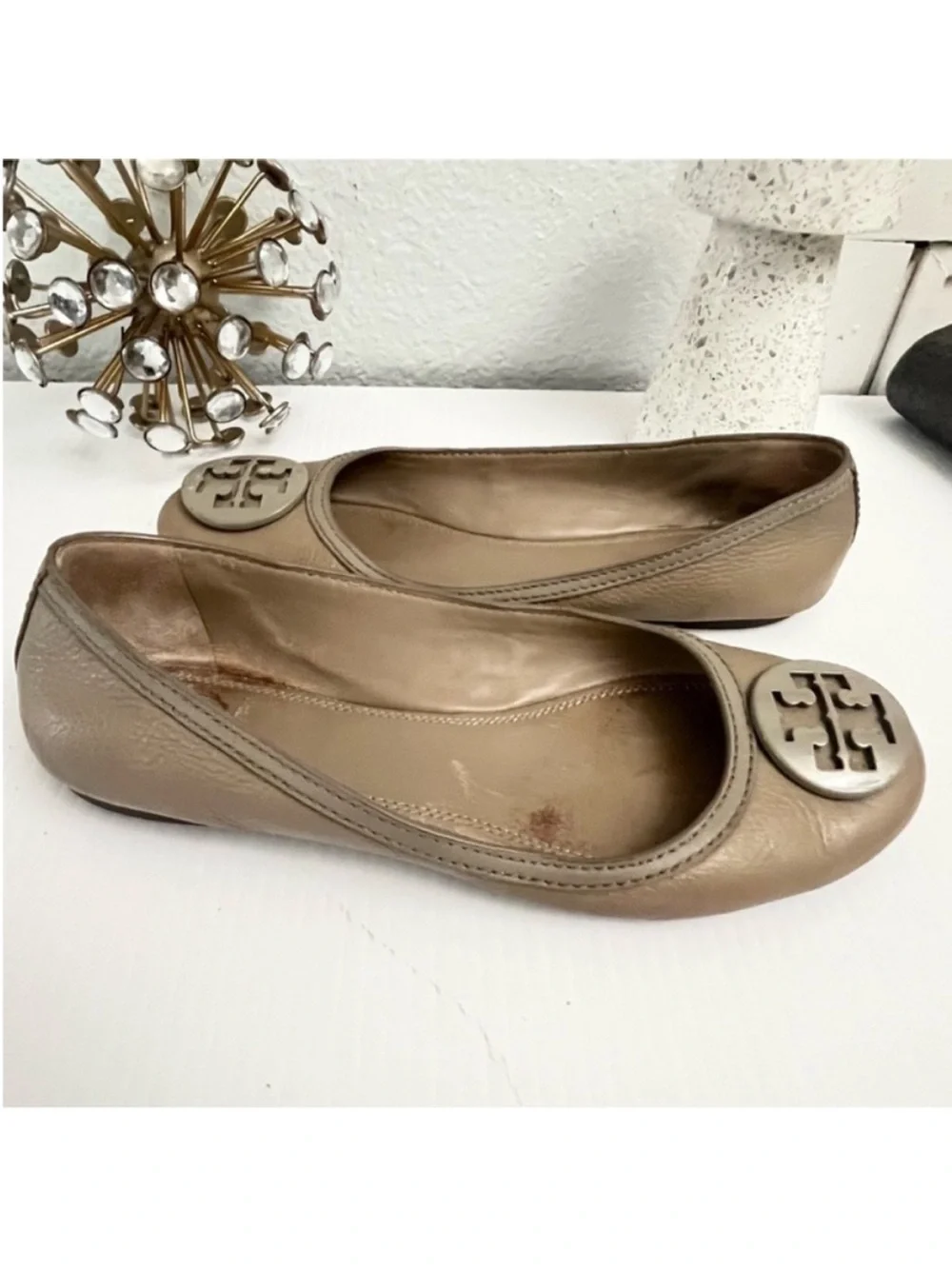 Tory Burch Taupe Leather Reva Slip On Ballet Flats Size 8
